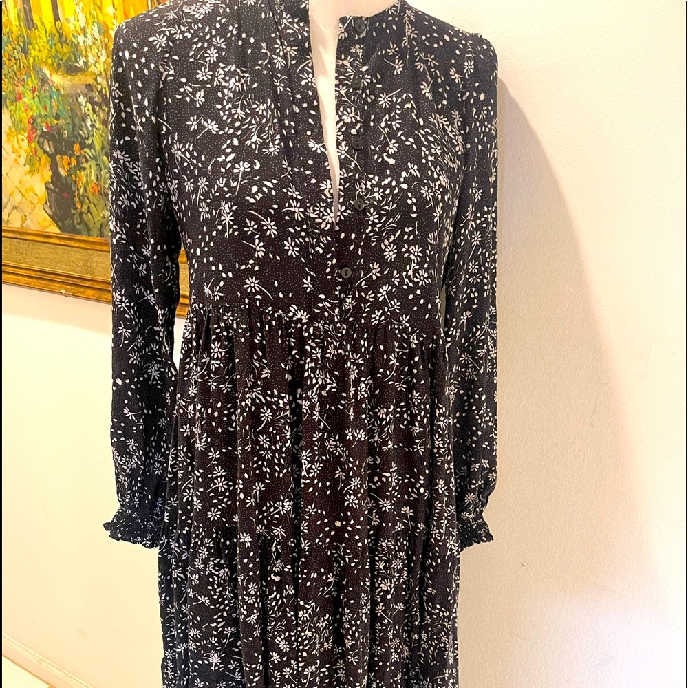 ZARA Black & White Floral MIDI Long Sleeve Dress S